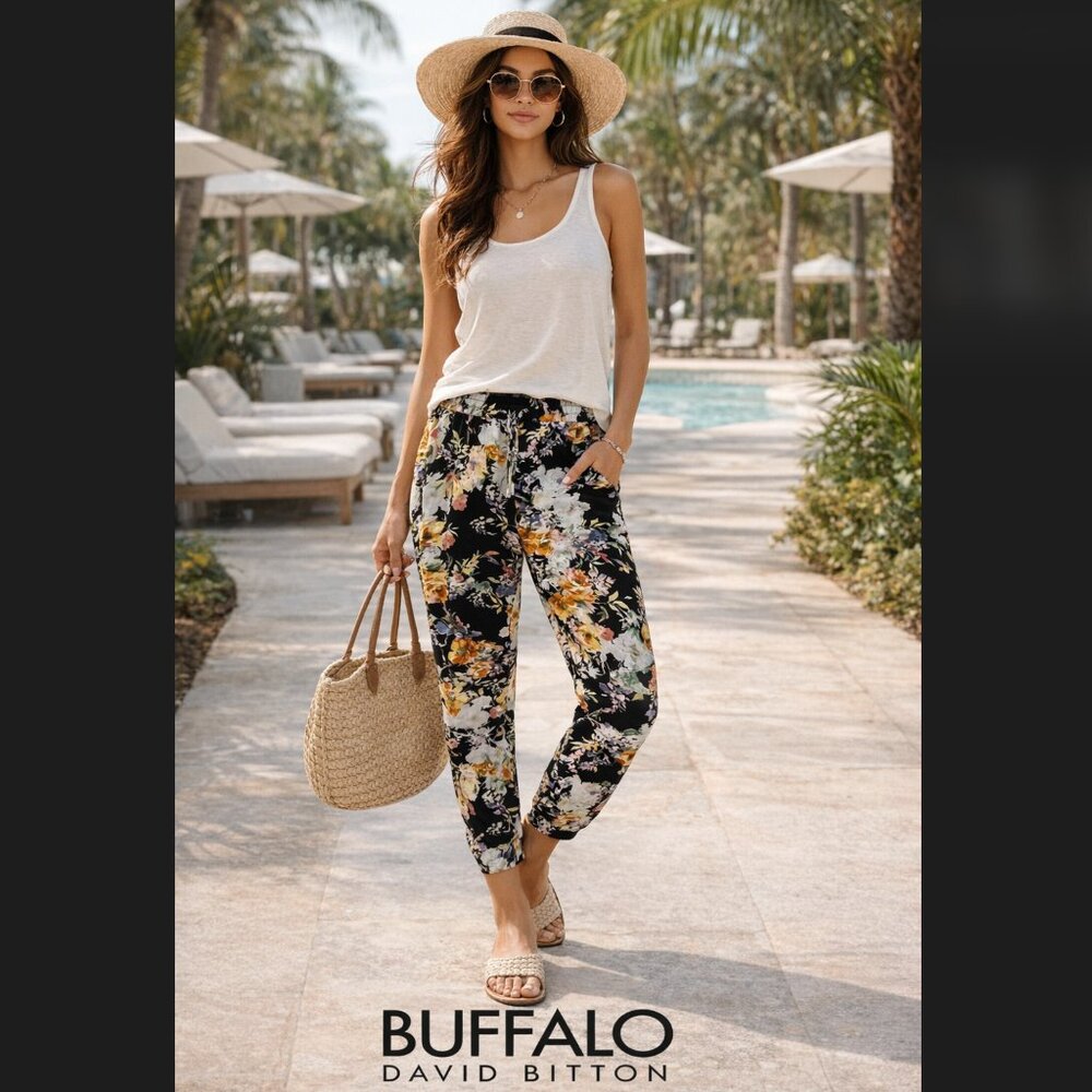 Buffalo David Bitton Floral Jogger Pants M Boho Lounge Drawstring Pocket Soft